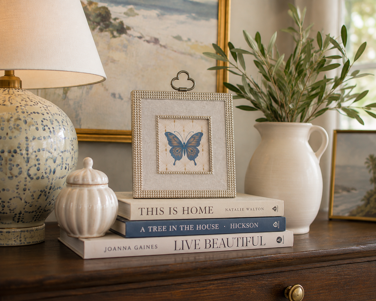 A decorative framed butterfly artwork with a silver beaded border stands on top of three books on a wooden dresser, styled with a ceramic lamp, small white jar, and a white pitcher of green leaves in a real interior setting.