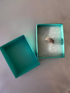 Silver mesh ring resting in an open Tiffany & Co. box, with the lid beside it.