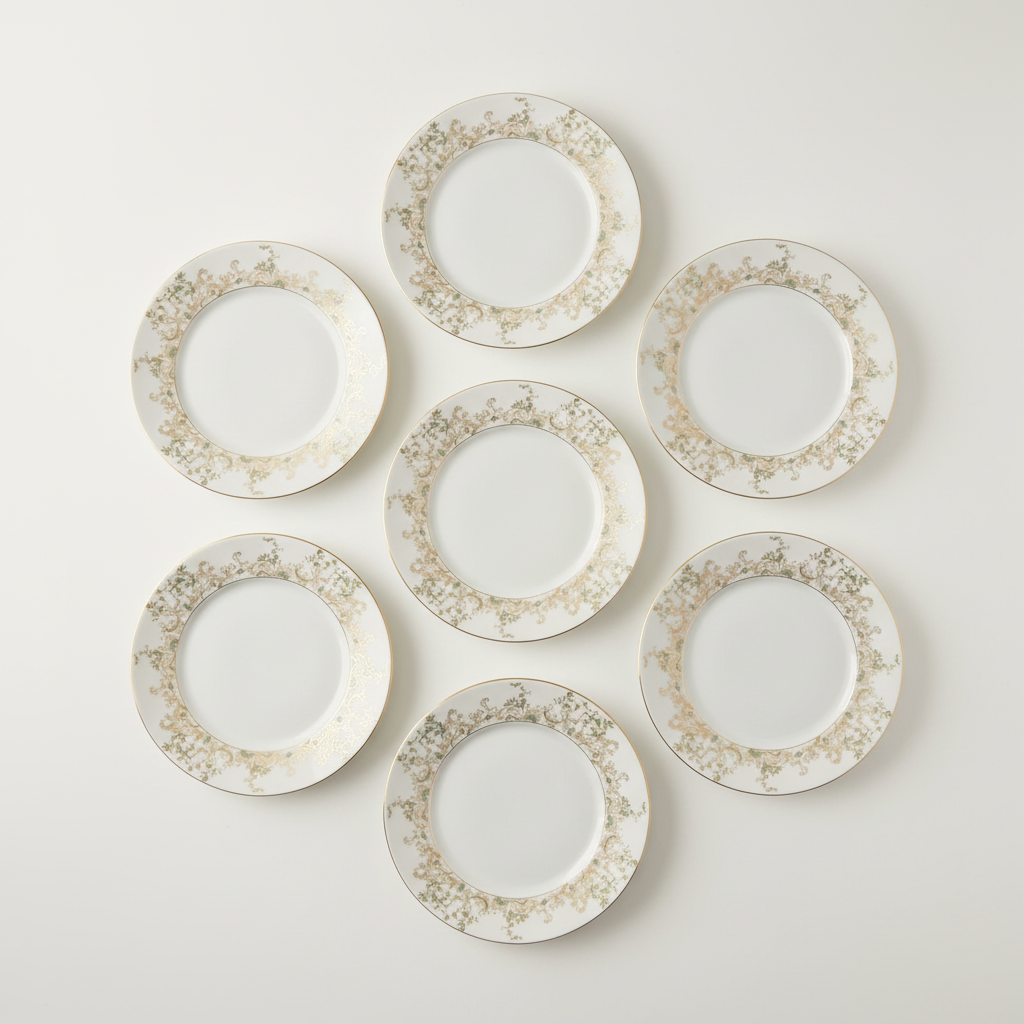 Overhead view of all seven Haviland Chambord plates arranged separately to show the complete set quantity.
