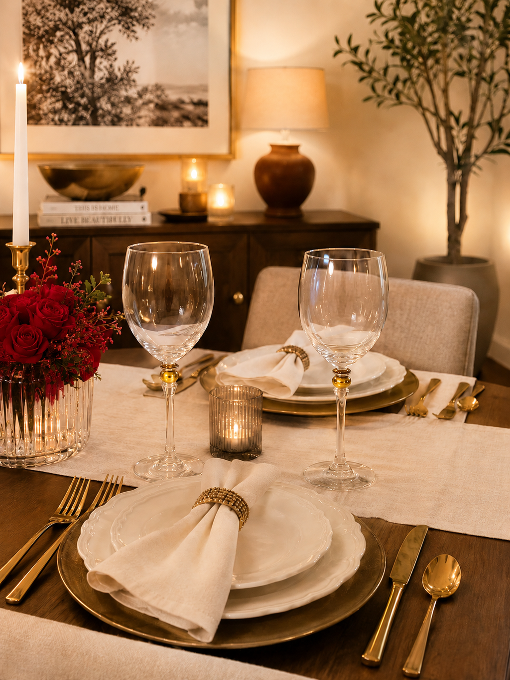 Two Luminarc France wine glasses in a warmly lit dining table set for two, featuring white plates, gold charger plates, gold flatware, folded white napkins with gold rings, and a red rose floral arrangement in a glass vase.