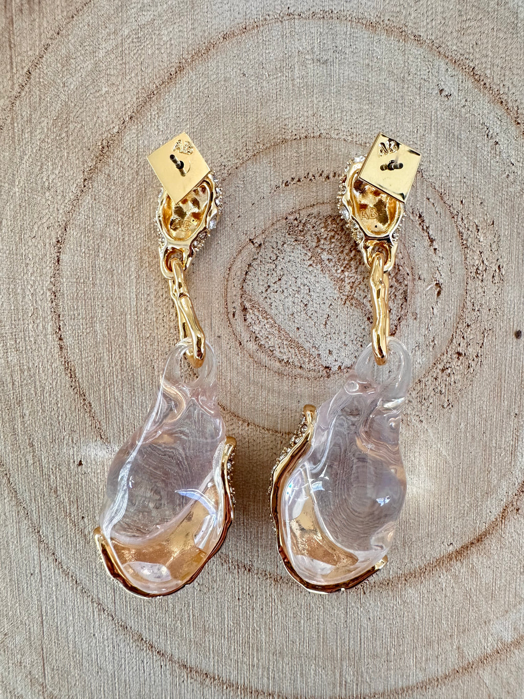 Back view of Alexis Bittar Liquid Lucite drop earrings showing gold-tone posts, hardware, and AB hallmarks.
