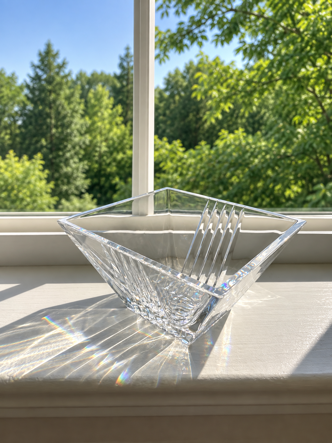 Tiffany & Co. Metropolis bowl sitting on a white windowsill, catching bright sunlight and casting rainbow reflections. A white window frame and a lush green outdoor background are visible behind it.