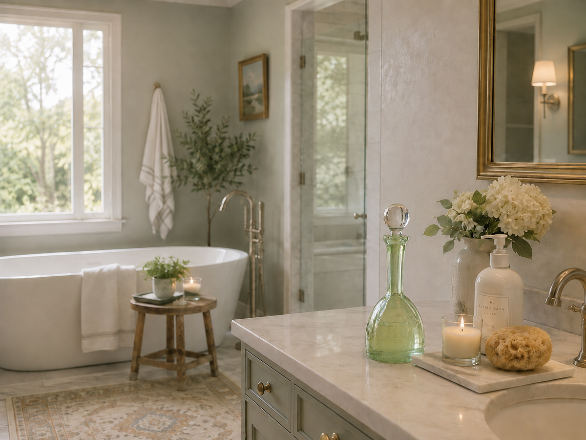 A beautifully styled bathroom interior featuring a white freestanding bathtub, a marble vanity with a green glass decanter, white flowers, and candles, set against soft sage green walls and a patterned rug.