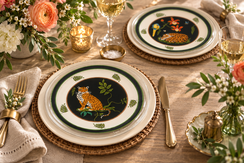 Two decorative dinner plates with a painted leopard motif on a dark oval center, arranged on a styled table setting with woven placemats, gold-toned cutlery, flowers, candles, and wine glasses.