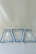 Front view of three coordinated clear glass sectional serving dishes arranged side by side.
