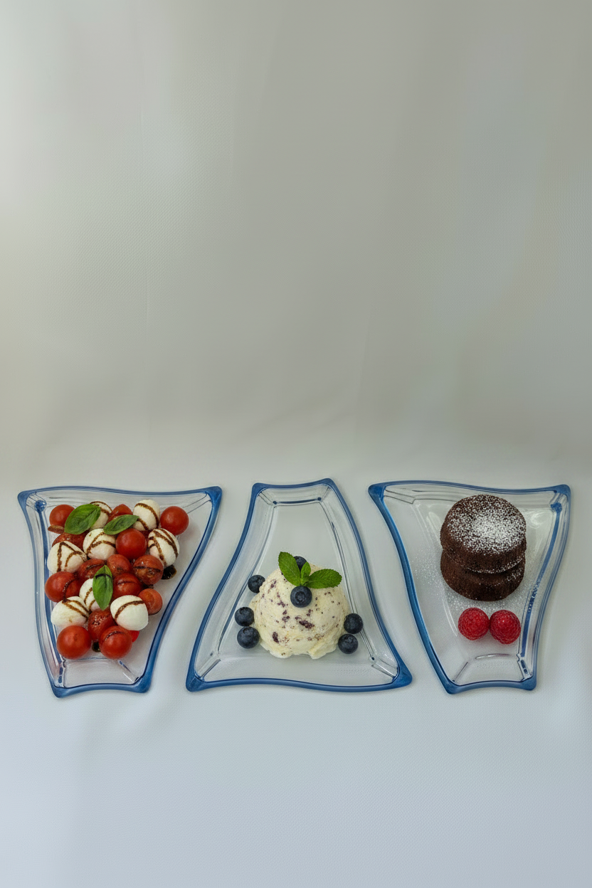 Alternate overhead arrangement of the three coordinated clear glass serving pieces with blue edges, holding desserts and appetizers. 
