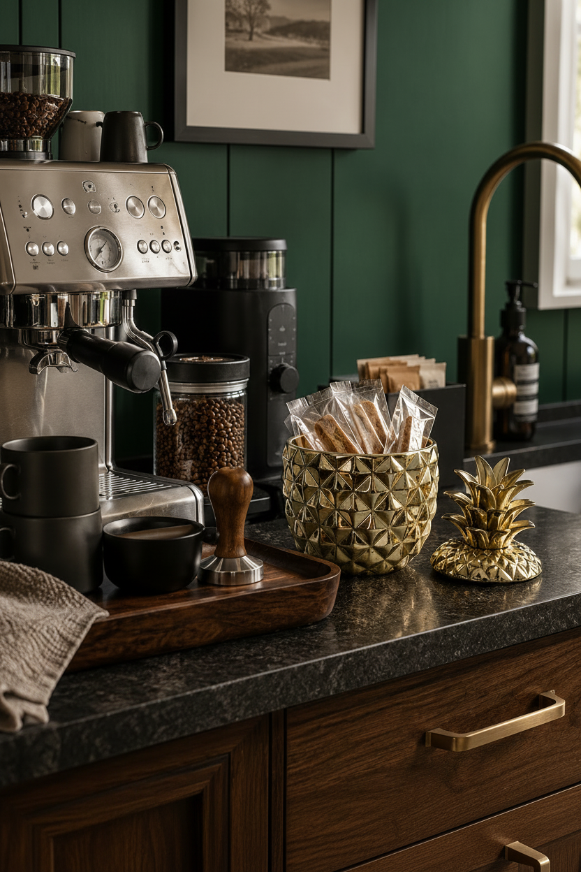 Shot of residential coffee station with pineapple container being used to store individually wrapped biscotti bars. 