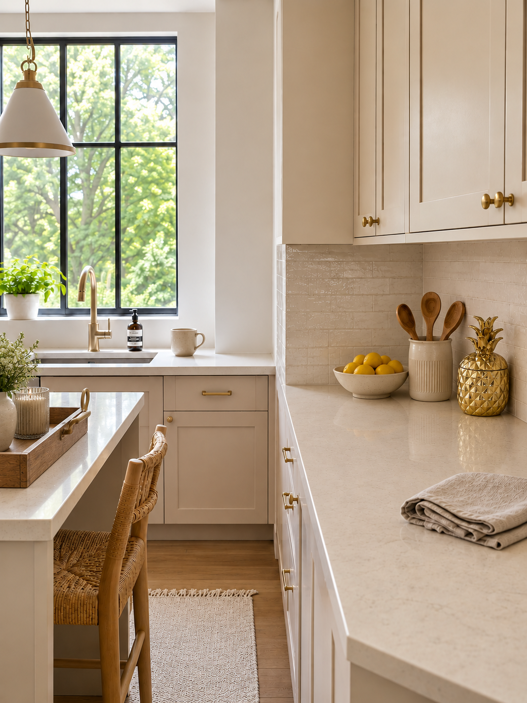 A bright, modern kitchen interior with cream shaker-style cabinets, light stone countertops, a window with black framing, and natural wood flooring. Decorative items on the counter include lemons, a gold pineapple-shaped container, a towel, and a utensil holder.