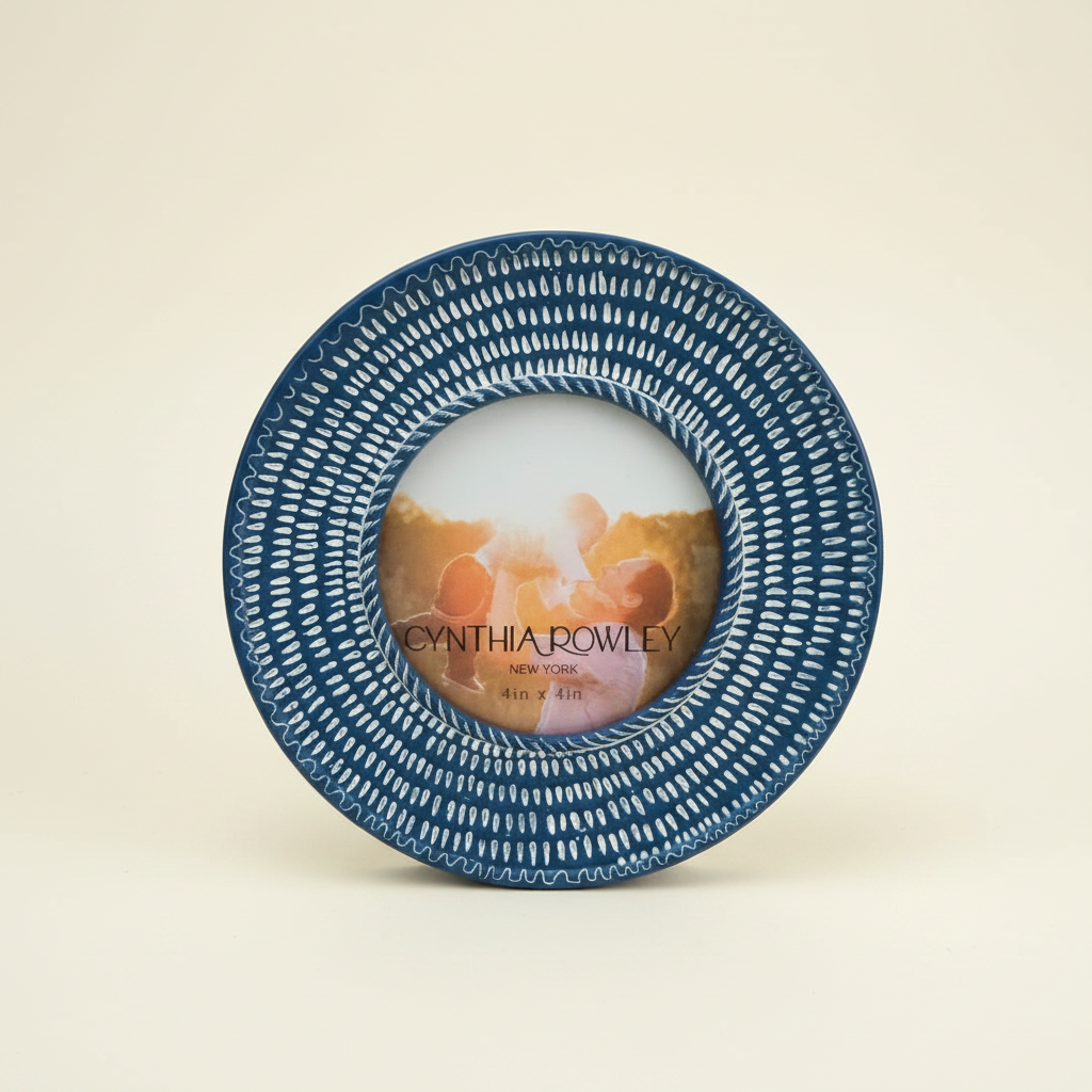 An ivory studio background featuring a round blue and white patterned picture frame with an insert reading Cynthia Rowley New York 4 in x 4 in.  