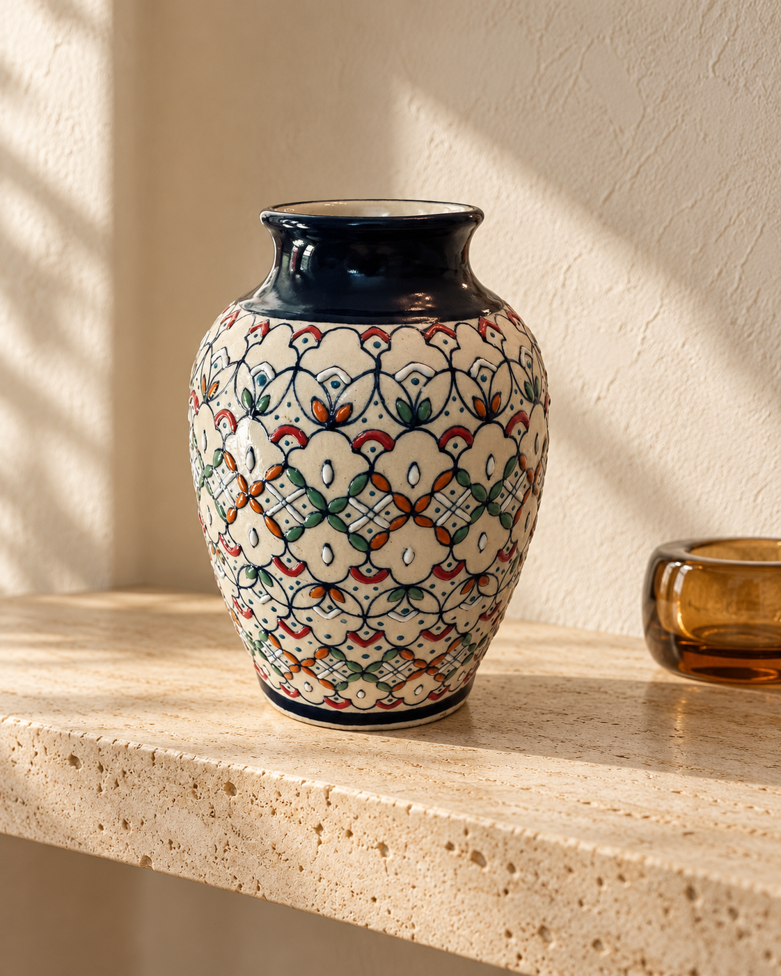Signed Servin Mexican Art Pottery Vase, Navy & Ivory