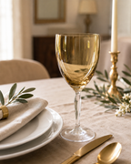 Pier 1 P1C1 water goblet as single place setting styled on a dining room table in a soft, warm, neutral dining room environment.