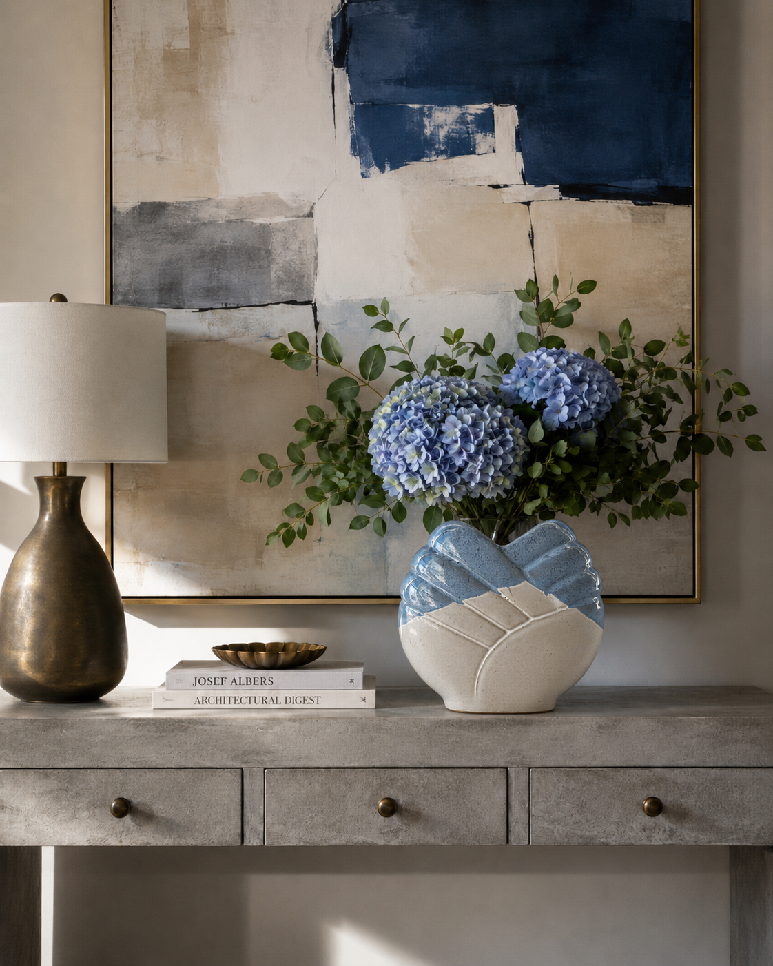 Sculptural Blue & White Ceramic Vase with Heart-Shaped Opening