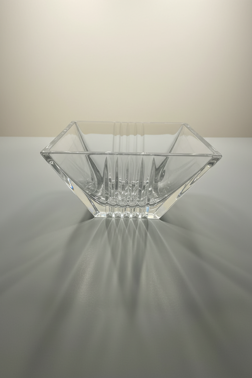 Tiffany & Co. Metropolis crystal bowl sitting on a white table with an ivory studio background.  