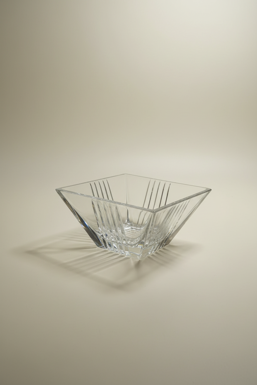 The Tiffany & Co. Metropolis clear crystal bowl with a faceted geometric top and ribbed base, shown in a studio setting with an ivory background.  