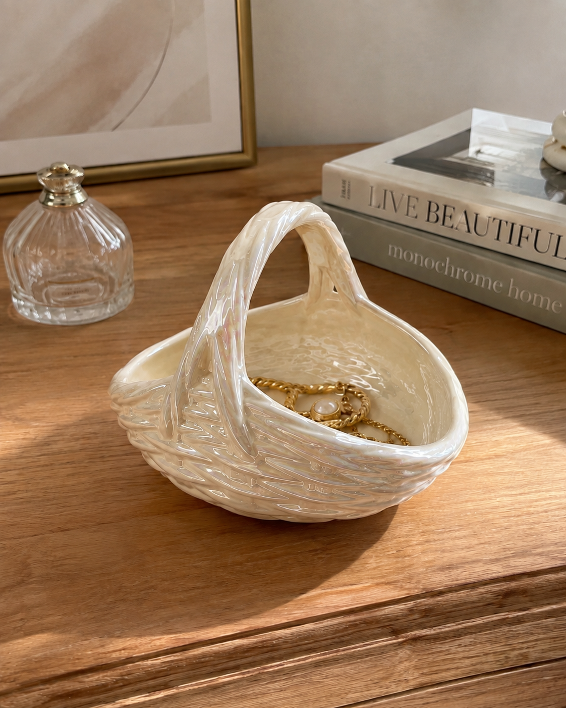 Pearlescent White Ceramic Basket Bowl | Iridescent