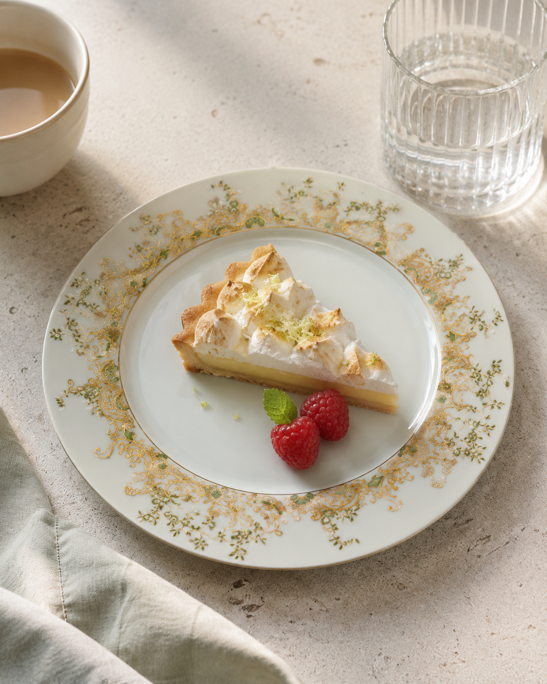 A slice of meringue pie with lemon zest and fresh raspberries on a white ceramic plate with a delicate gold floral border, styled on a textured beige tabletop with a cup of coffee and a glass of water in the background.