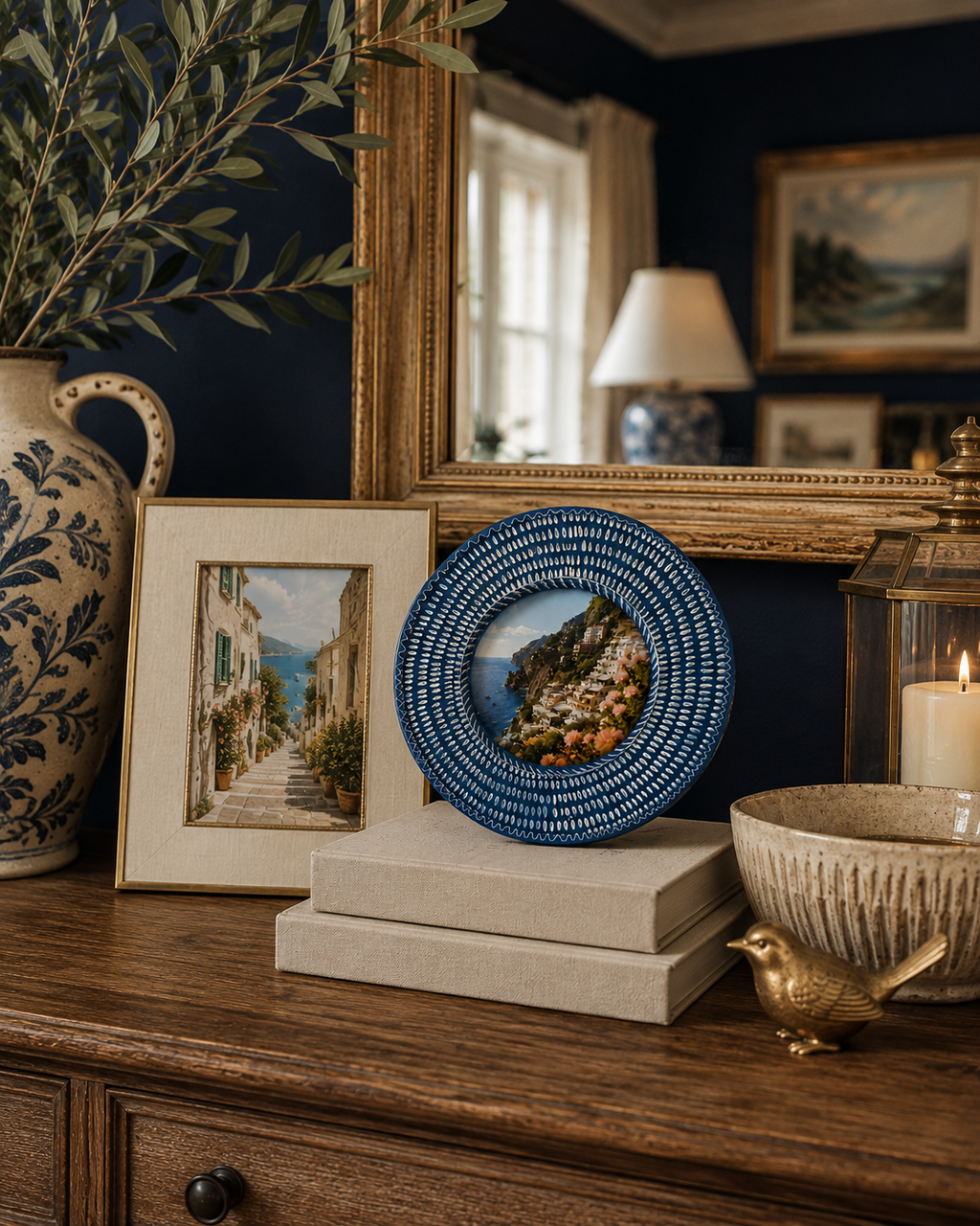 A decorative round blue and white dash mark textured Cynthia Rowley frame with a scenic coastal photo sits on stacked books on a wooden console table in a styled room. A large patterned vase, framed art, a mirror, and a candle are also visible.