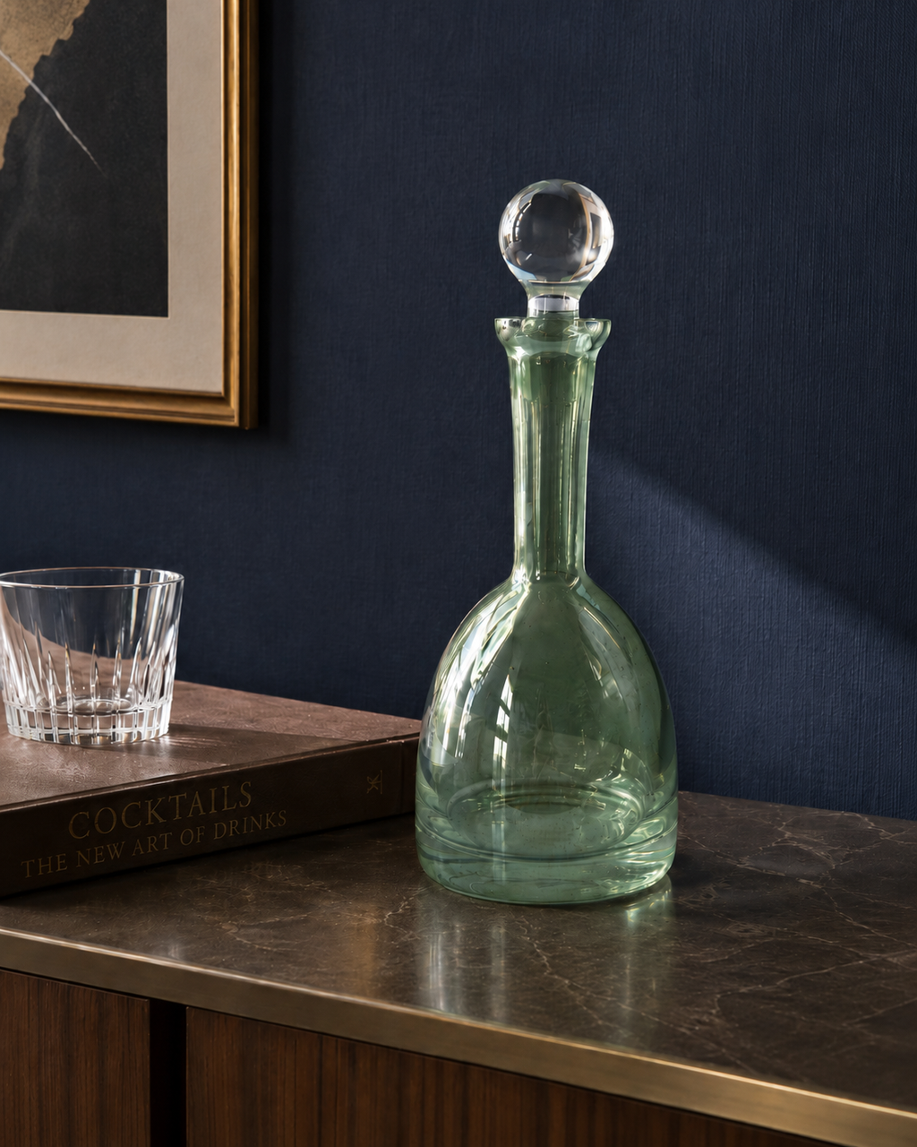 Iridescent Green Glass Decanter with Globe Stopper, Attributed to Krosno
