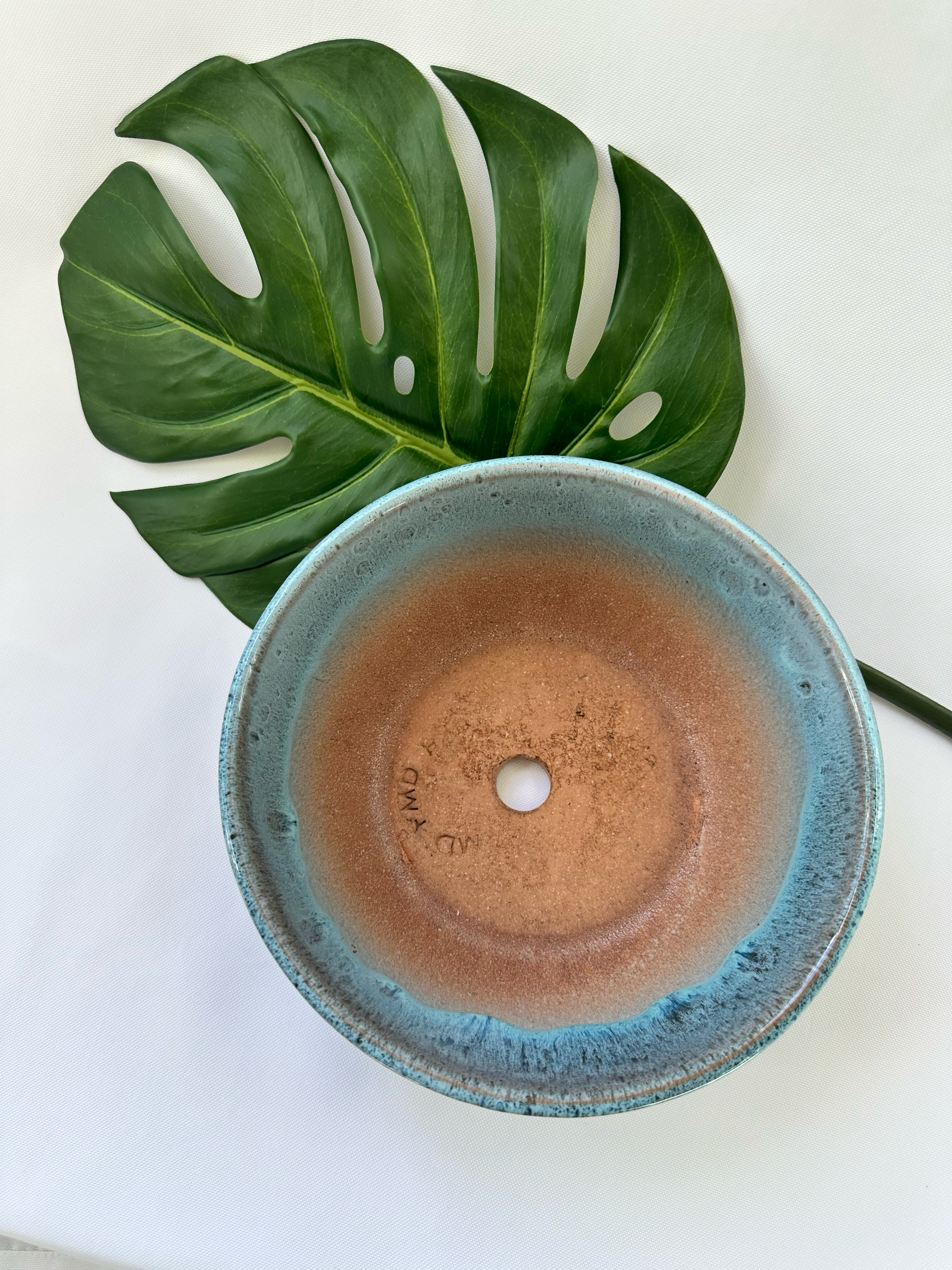 A top-down view of a round ceramic planter with a blue-green glazed rim and a warm terracotta interior, styled with a large green monstera leaf on a white background.